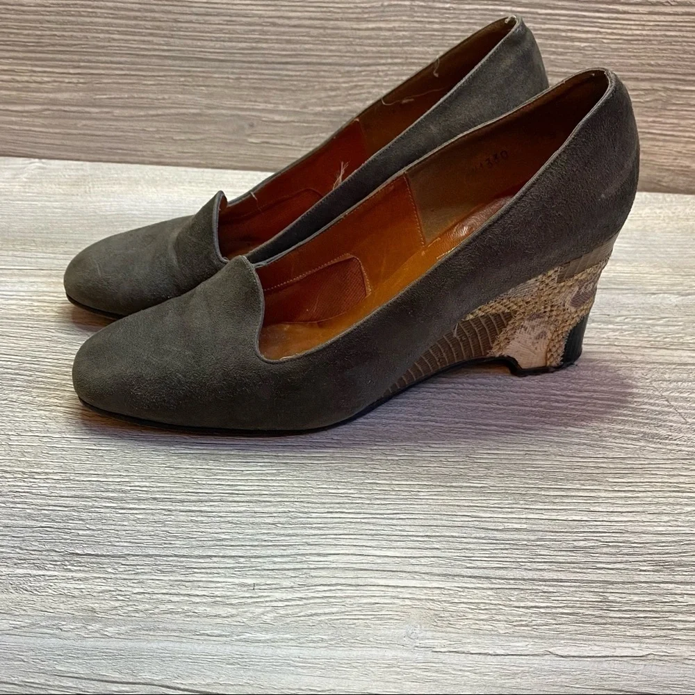 Vintage Joseph suede leather upper lining + sole Patchwork patterned wedge heel